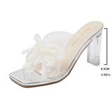 Pbong  Lace Pearl Bowknot High Heel Slippers for Women Summer Square Toe Transparent Heeled pvc Sandals Woman Fashion Party Dress Shoes