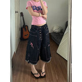 Pbong   New Women Sweet Vintage Raw Denim Cargo Pants Summer Pink Embroidery Muscle Design Straight 7/8 Cropped Jeans Streetwear