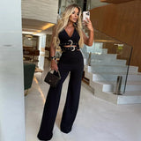 Pbong  Fashionable V-Neck Decorative Button Waist Belt Long Pants Set Women's Clothing Polyester Fiber Made in China Cross-Border