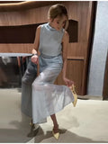 Pbong   Autumn Beach Solid Top Skirt Women Set Sleeveless Stand Collar Belt Blouse Blouse Hip Package Skirts Fashion Lady Suit New