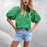 Pbong  Fashionable Casual Lace Embroidery Women's Shirt V-Neck Button Hollow out Lantern Sleeve Summer Top Cross-Border Clothing