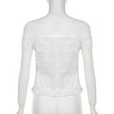 Pbong  Fashion Off The Shoulder Lace Patchwork White Blouse Women's Chic Single Breasted Slimming Tops Y2K Aesthetic Shirts New