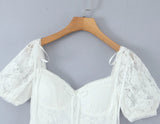 Pbong  White Lace Low Waist Short Ball Gown Dress Women With Pad Chest Bow Short Puff Sleeve Backless Mini Dresses Summer Robe