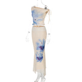 Summer Flower Print Skirt 2 Piece Set Women One Shoulder Crop Tops+Stretch Long Skirts Suit Female Vacation Trend Beach Outfits