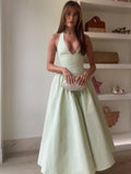 Women Sexy Deep V-neck Pleated Lace-up Halter Dress Elegant Backless High Waist A-line Long Dresses Vocation Party Vestidos