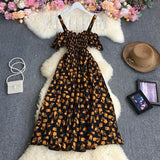 Pbong  Korean Fashion Sweet Off Shoulder Women Party Dress New Summer Floral Print Vacation Long Dress Beach Vestidos