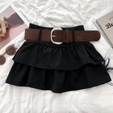 Tiered Ruffled Mini Skirt with Belt Built-in Shorts Thick Wool High Waisted Short Skirt Women Teen-girl Autumn Winter Y2K Outfit