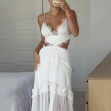 Women Maxi Dresses Summer White Chiffon Solid V-neck Strap Backless Long Elegant Vintage Bridesmaid Wedding Dresses