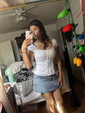 Folds Lace-up T-shirt Blouse Women Summer Lace Trim Square Collar Elastic Waist Short Sleeve Slim Tee Shirt Cotton T-shirt Y2k