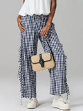 Pbong  Women Plaid Wide Leg Pants Side Tie-Up Hollow-Out Loose Straight Trousers Bottoms Spring Summer Fashion Casual Sweatpants
