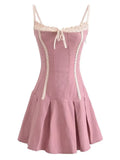 Elegant Pink Chic Mini Dresse Lace Strappy Cotton Backless Sexy Summer Party Women Y2K Vocation Casual Ladies Dress