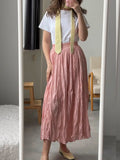 Crinkle Pleated Midi Skirts for Women Summer Clothes Elastic High Wasit A Line Fashion Skirt Female Vintage Elegant Long Skirt