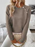 New diagonal shoulder button round neck long sleeved casual knitted sweater