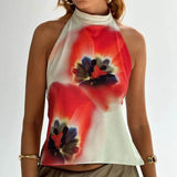 Women Y2k Graphic Print Halter Tank Top Summer Sleeveless Going Out Crop Tops Boho Sexy Backless Vacation Beach Camisoles Vest