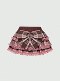 Pbong  J-Fashion Y2K Gyaru Himekaji Harajuku Lolita Oversized Bowknot Low Waist Lace Frilled Plaid Mini Skirt For Women