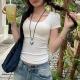 Solid Color Soft Basic Top for Women Summer Skinny Sexy T-shirt U Collar Shirt  Short Sleeve Top for Hot Girl