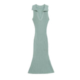 Fashionslim fit V-neck sleeveless long dress turn down collar tight green knitting summer dress simple casual female clothing