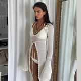 Vacation Knit Hollow T shirt Women's Long Sleeve Sunscreen Cover Up T shirt Sexy Hot Girl See Through Slim Summer T shirt