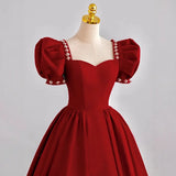 Pbong  Burgundy Square Collar A-LINE Evening Dresses Puffy Sleeves Long Prom Dresses Elegant Beading Decoration Party Dresses