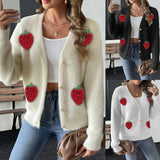 Pbong  Ladies Faux Fur Jacket Pearl Button Embroidered Strawberry Splicing Open Cardigan Polyester Street Style Winter Sweater