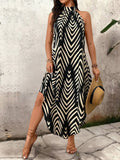 Pbong  Women's Halter Neck Chevron Print Maxi Dress - Loose Fit Summer Casual