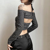 Pbong  Gray Mystic Sexy Lace Cutout Retro Mature Charm Feminine Party Queen Senior Women's Long Sleeve Tuxedo Top