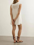 Pbong  White French Casual Loose Mini Doll Dress for Women Ruffled Collar Sleeveless Lace Accent for Summer Beach Getaways