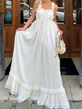 Pbong  Women White Long Dress Lace Trim Tie-up V Neck Sleeveless Ruffle Loose Tank Dress for Evening Party Club Bohemian Summer