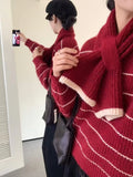 Women's Striped Sweater with Scarf Chunky Knit Loose-fit V-Neck Pullover Striped Jumper Ladies Autumn Winter Classic Chic Outfit