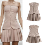 Fake Piece Set Strapless Short Dress 2025 New Fashion A-line Pleat Summer Dress For Women Solid Chic Street Female Clothing