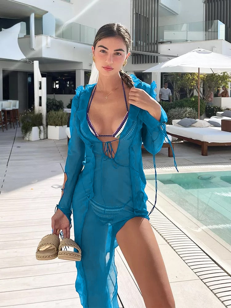 Summer Beach Dress Women Elegant Bandage Ruffles Slim Maxi Dress New Sexy Blue Long Sleeve Evening Party Dress Club Outfits
