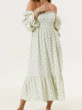 Pbong  Woman Vintage Floral Dress Puff Long Sleeve Off Shoulder Ruffle Long Dress Spring Fall Casual Vintage Bohemian Dresses