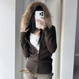 Vintage American High Street Zip Up Knitted Cardigan Sweaters Simple French All Match Lazy Women Jumpers Y2k Aesthetic Clothes