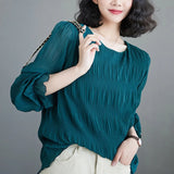 Pbong  Korean All Match Lady Loose Blouses for Women O-neck Flare Sleeve Solid Color Shirts Fashion Pleated Tops