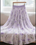 Purple Floral Chiffon Long Skirt Women High Waist Sweet Vintage Elegant Skirts Korean Casual Summer Soft Retro Long Skirts