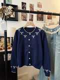 Cute Contrast Bow Sweater Cardigan Women's Autumn Winter Long Sleeve Single Breasted Knit Jacket Tops Korean Sweet Outfit