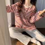 Pbong  Spring New Arrived Pajamas Set Women Comfort Cotton Stripe Long Sleeve Tops With Chest Pat Long Trousers Ladies Pullover Pjs Set