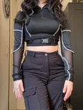 Goth Dark Grunge Black Buckle Y2K T-shirts Women Punk Sexy Open Shoulder Skinny Crop Tops Moto Biker Patchwork Blouses