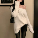 Fuzzy Knit Sweater for Women Soft Fluffy Boat Neck Tunic Tops Fitted Rib-knit Plain Jumper Female Autumn Winter Basic Outfit