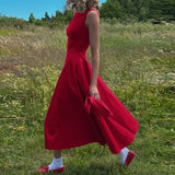Pbong  Elegant Fashion Women Sexy Evening Party Night Club A-Line Backless Red Dress Long Summer Holiday Chic Casual Dress