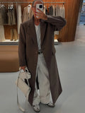 Brown Shoulder Pad Woolen Overcoat Women Elegant Lapel Single-breasted Long Sleeve Coat 2025 Autumn Lady Commuter Outerwear
