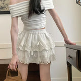 Coquette White Lace Short Skirt Ruffle Women Sweet Bow Kawaii Mini Skirts Patchwork Layered A-line Aesthetics Skirt