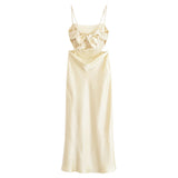 Light Yellow Party Long Dress Satin Sleeveless Slim Fashion Women Dress For Summer Sexy Backless Lace-up Woman Clothing
