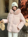 Preppy Style Sweet Parkas Women Cute Long Sleeve Vintage Faux Fox Hooded Cotton Coat Korean Winter Thick Warm New Outwear