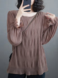 Pbong  Korean All Match Lady Loose Blouses for Women O-neck Flare Sleeve Solid Color Shirts Fashion Pleated Tops