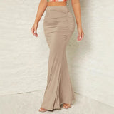 Pbong  New Autumn Solid Bodycon Ruched Long Skirt Women Sexy Elastic Elegant High Waist Mermaid Maxi Skirts Streetwear