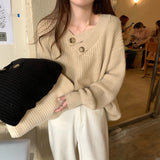 V-neck Knit Pullover Women Slouchy Long Sleeve Drop Shoulder Sweater with Buttoned Strap Cozy Knitwear Autumn Winter Chic Outfit