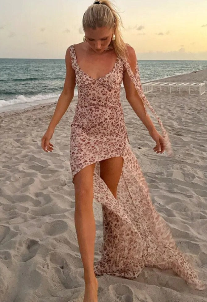 Sexy Asymmetrical Halter Backless Long Dresses Floral Print Chiffon Beach Vacation Summer Dress Womens