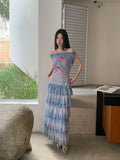 Romance Off The Shoulder Floral Sleeveless Mesh Top Gradient Blue Summer Tank Top Woman 2025 Korean Fashion