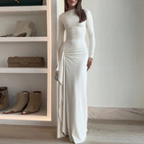 Elegant O-neck Draped Irregular Long Dress Women Causal Long Sleeve Solid Party Dress Fashion Hight Waist Slim Evening  Dresses